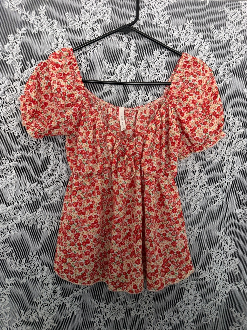 Chocolate Red Floral Puff Sleeve Peasant Blouse